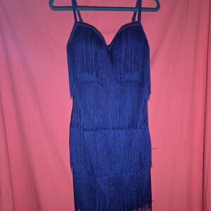 Blue Fringe Spaghetti Strap Prom Dress